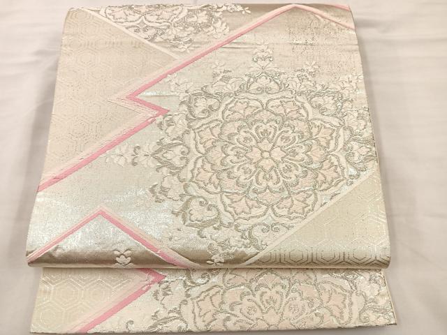 平和屋着物◎六通柄袋帯 唐織 松皮菱花文 銀糸 正絹 逸品 BAAS5508bs