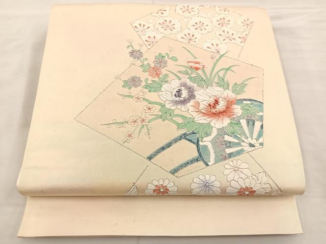 平和屋着物◎太鼓柄袋帯 総駒刺繍 草花文 銀糸 正絹 逸品 BAAS5527bs