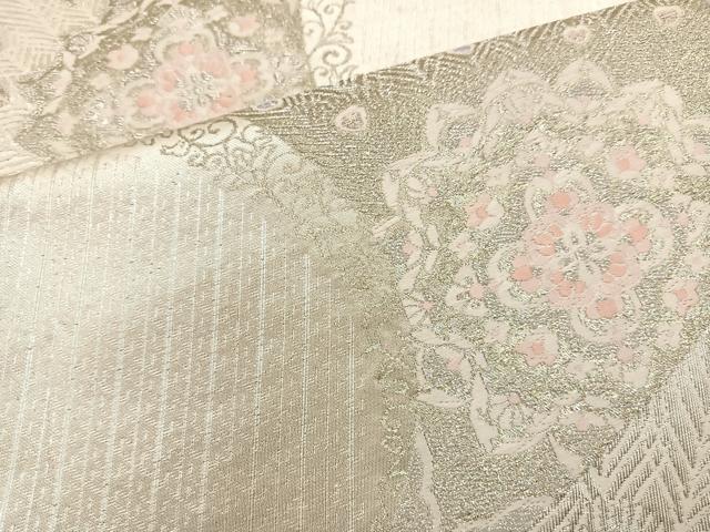 平和屋着物◎六通柄袋帯 唐織 孔雀花文 銀糸 正絹 逸品 BAAS5543bs
