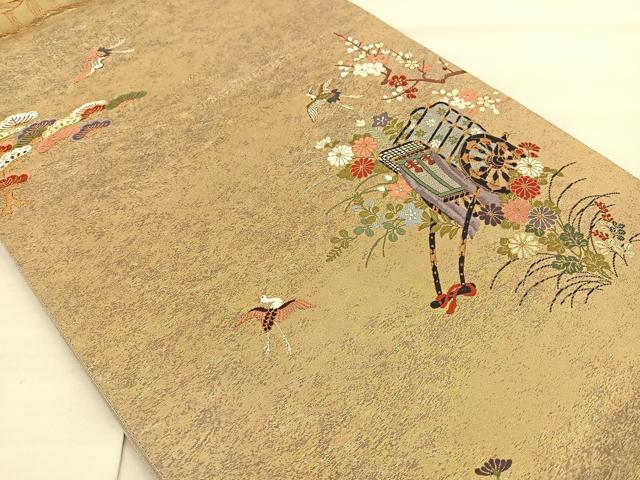 平和屋着物◎太鼓柄袋帯 彩瀞箔 御所車花鳥文 正絹 逸品 BAAS6054fc