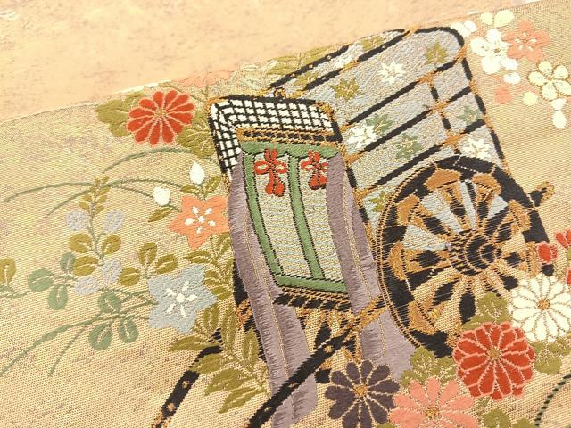 平和屋着物◎太鼓柄袋帯 彩瀞箔 御所車花鳥文 正絹 逸品 BAAS6054fc