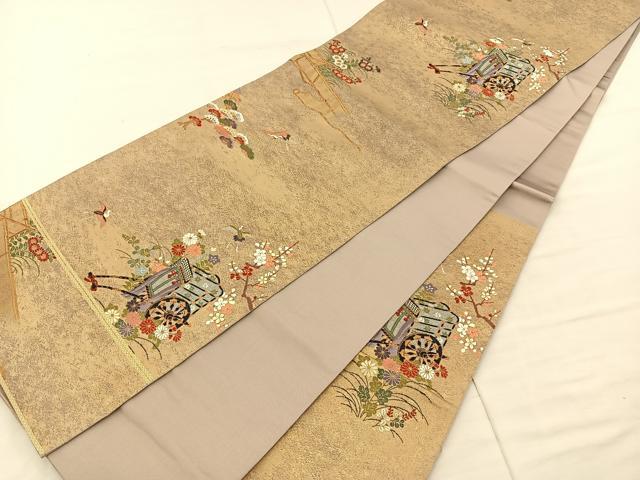 平和屋着物◎太鼓柄袋帯 彩瀞箔 御所車花鳥文 正絹 逸品 BAAS6054fc