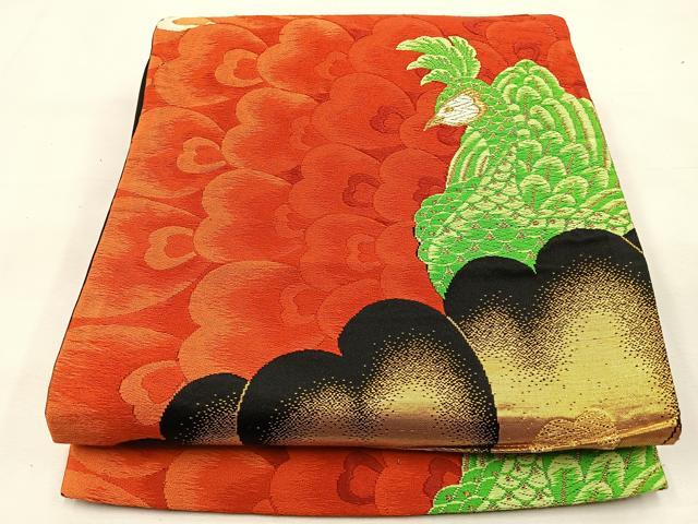 平和屋着物◎六通柄 京袋帯 唐織 孔雀 黒地 金糸 正絹 逸品 BAAS6439hj