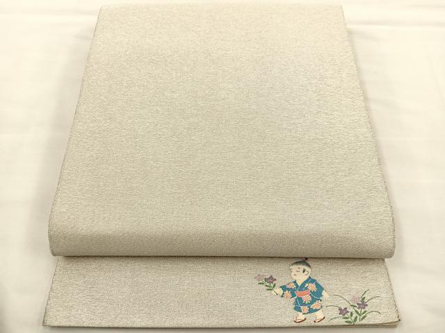 平和屋着物◎太鼓柄袋帯 童子 銀糸 正絹 逸品 BAAS7291hz