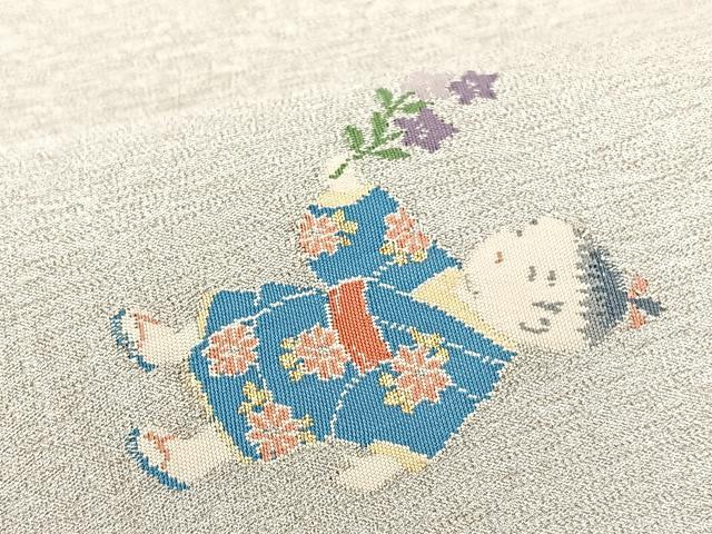 平和屋着物◎太鼓柄袋帯 童子 銀糸 正絹 逸品 BAAS7291hz
