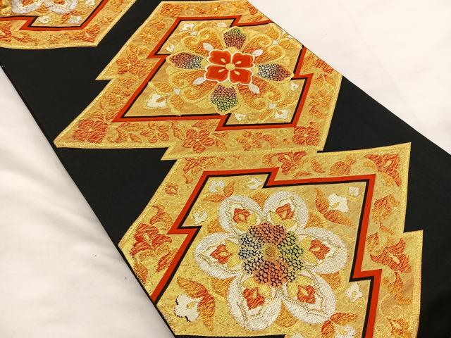平和屋着物◎六通柄袋帯 唐織 松皮菱花文 黒地 金糸 正絹 逸品 BAAS7317hz