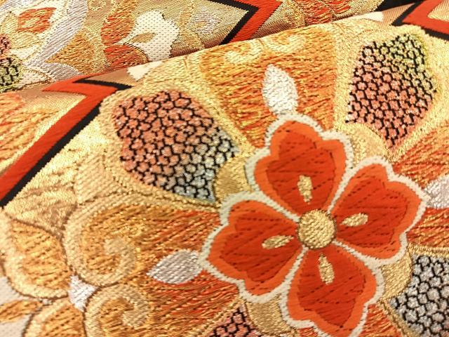 平和屋着物◎六通柄袋帯 唐織 松皮菱花文 黒地 金糸 正絹 逸品 BAAS7317hz