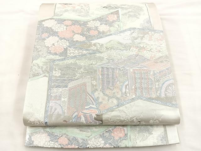 平和屋着物◎六通柄袋帯 屏風風景文 銀糸 正絹 逸品 BAAS7346hz