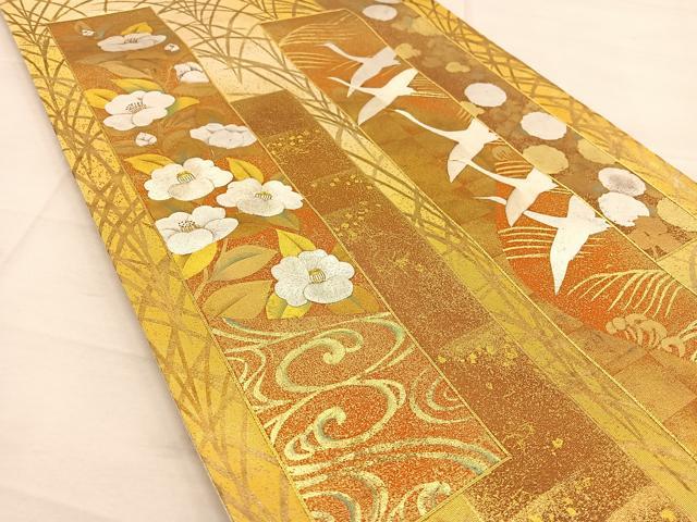 平和屋着物◎六通柄袋帯 駒刺繍 短冊花鳥文 金銀彩 引箔 正絹 逸品 BAAS7537xa