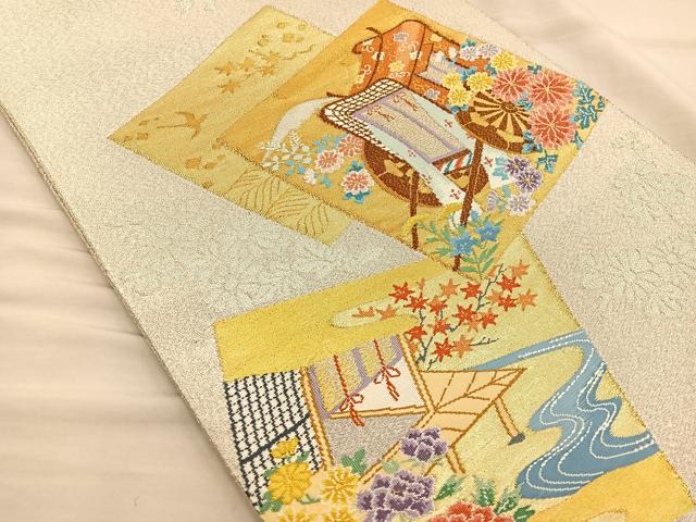 平和屋着物◎太鼓柄袋帯 綴れ 色紙御所車花文 金銀糸 正絹 逸品 BAAS7586xa