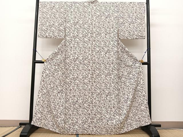 平和屋着物▽上質な小紋 単衣 型染め 袖ひろみ 好み 飛鳥南天文 反端付き 正絹 逸品 BAAS8007yc