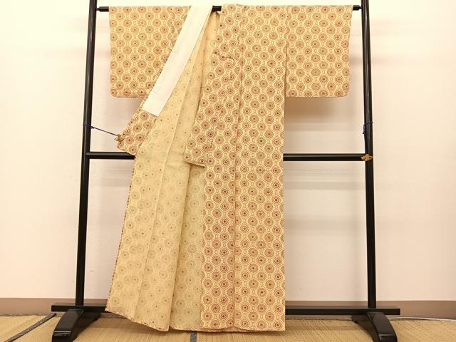 平和屋着物▽上質な小紋 単衣 型染め 幾何学花文 正絹 逸品 BAAS8048yc