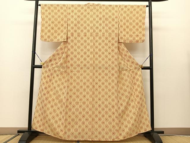 平和屋着物▽上質な小紋 単衣 型染め 幾何学花文 正絹 逸品 BAAS8048yc