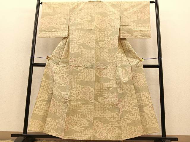 平和屋着物▽上質な紬 単衣 雲取り花文 正絹 逸品 BAAS8327hv
