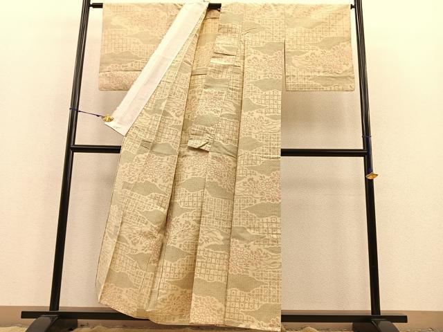 平和屋着物▽上質な紬 単衣 雲取り花文 正絹 逸品 BAAS8327hv