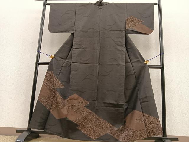 平和屋着物▽訪問着 単衣 紬地 9マルキ 松皮菱花文 正絹 逸品 BAAS8348hv