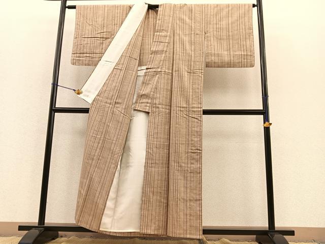 平和屋着物▽上質な紬 単衣 縞 正絹 逸品 BAAS8350hv