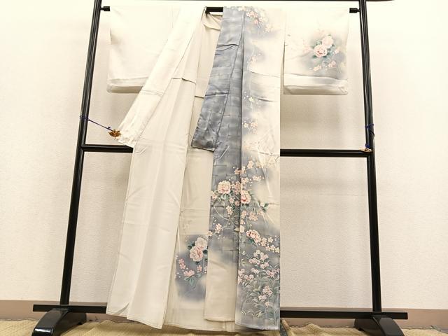 平和屋着物▽訪問着 単衣 椿花文 暈し染め 正絹 逸品 BAAS8377hv