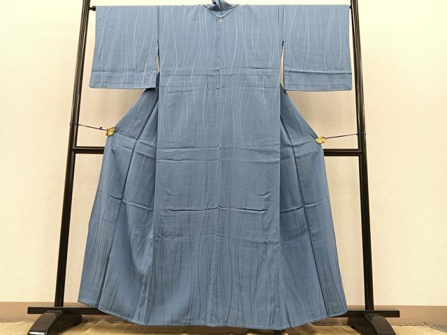 平和屋着物▽上質な色無地 単衣 流水地紋 青藤色 お召縮緬 正絹 逸品 BAAS8386hv