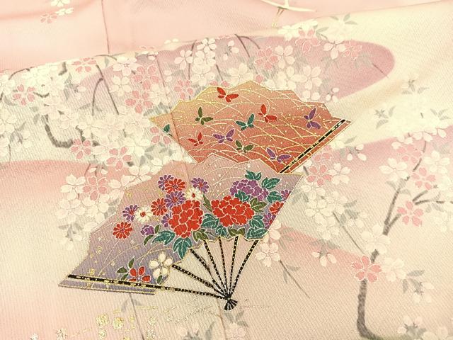 平和屋着物▽訪問着 単衣 飛鶴扇面花文 暈し染め 金銀彩 正絹 逸品 未使用 BAAS8389hv