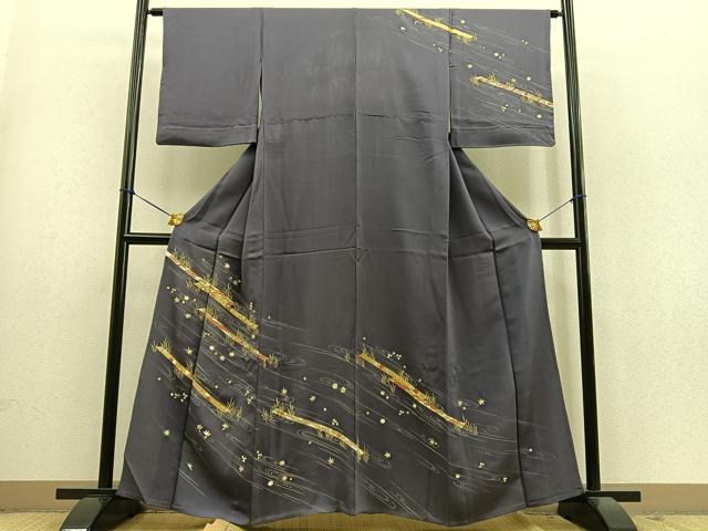 平和屋着物▽訪問着 単衣 駒刺繍 流水草花文 金彩 正絹 逸品 BAAS9236ow