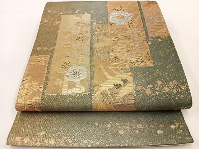 平和屋着物◎西陣 六通柄袋帯 短冊花鳥文 金銀糸 正絹 逸品 BAAS9427ow