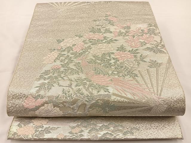 平和屋着物◎六通柄袋帯 唐織 扇面花鳥文 銀糸 正絹 逸品 BAAS9581ow