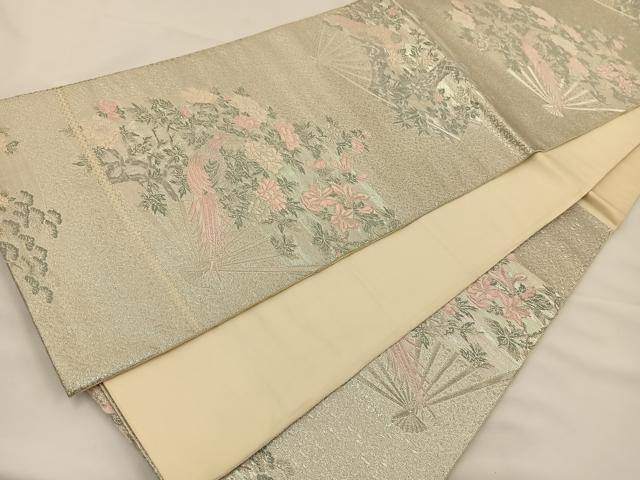 平和屋着物◎六通柄袋帯 唐織 扇面花鳥文 銀糸 正絹 逸品 BAAS9581ow