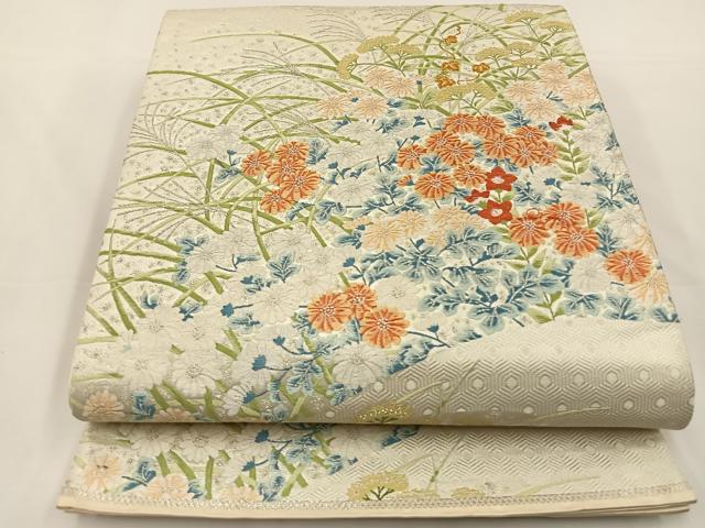 平和屋着物◎六通柄袋帯 唐織 草花文 銀糸 正絹 逸品 BAAS9582ow