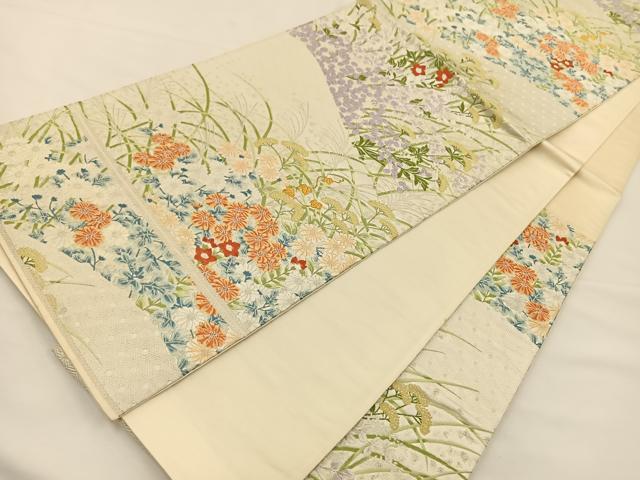 平和屋着物◎六通柄袋帯 唐織 草花文 銀糸 正絹 逸品 BAAS9582ow