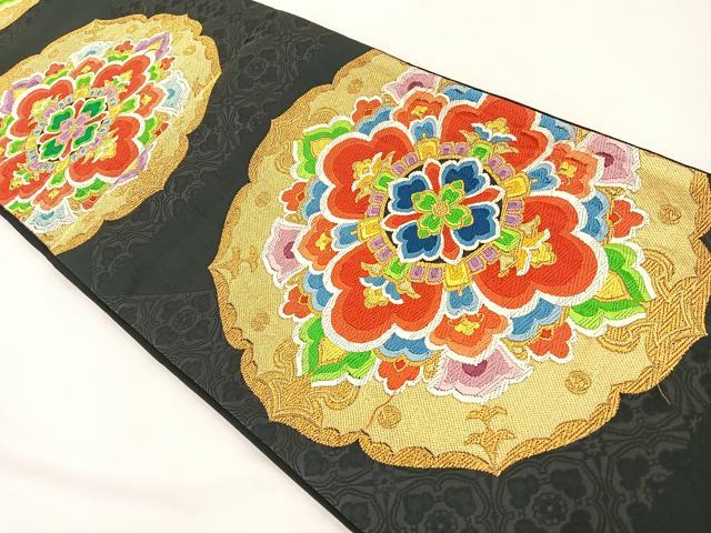 平和屋着物◎六通柄袋帯 唐織 正倉院花文 黒地 金糸 正絹 逸品 BAAS9679ow