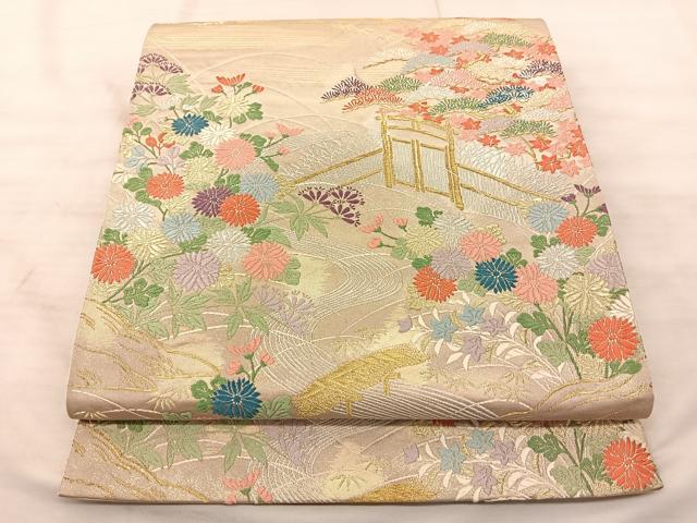 平和屋着物◎六通柄袋帯 唐織 流水草花文 金銀糸 正絹 逸品 BAAS9906du