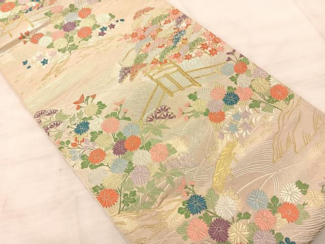 平和屋着物◎六通柄袋帯 唐織 流水草花文 金銀糸 正絹 逸品 BAAS9906du