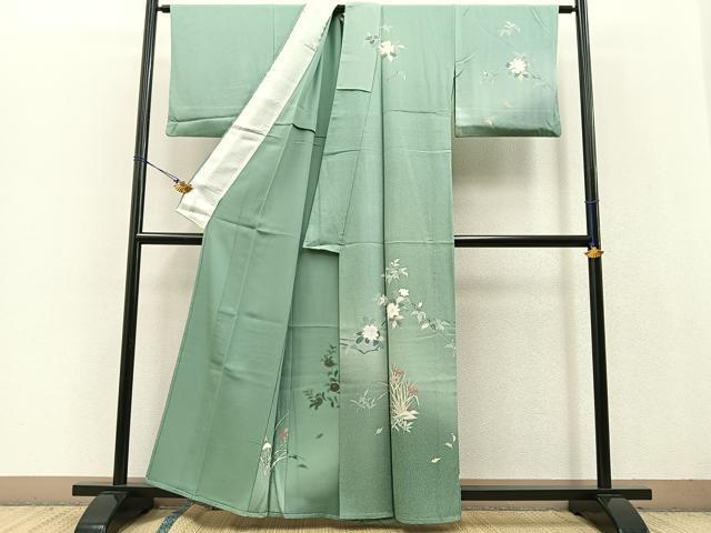 平和屋着物▽訪問着 単衣 草花文 暈し染め 正絹 逸品 BAAT0425yt