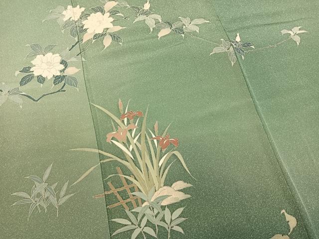 平和屋着物▽訪問着 単衣 草花文 暈し染め 正絹 逸品 BAAT0425yt