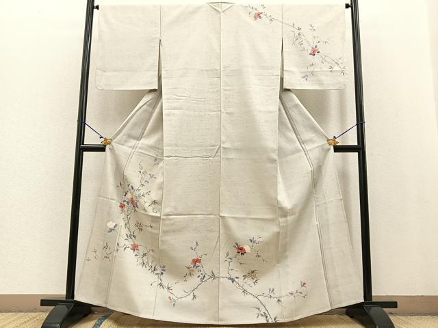 平和屋着物▽訪問着 単衣 紬地 枝椿文 正絹 逸品 BAAT0430yt