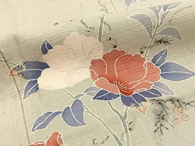 平和屋着物▽訪問着 単衣 紬地 枝椿文 正絹 逸品 BAAT0430yt