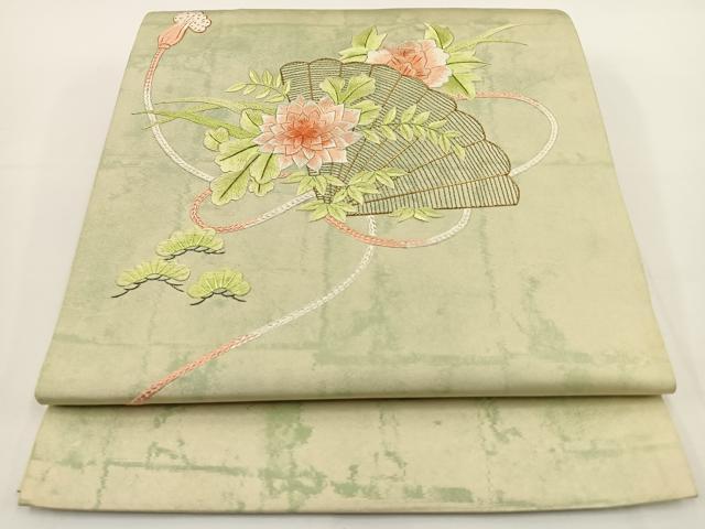 平和屋着物◎太鼓柄袋帯 総刺繍 駒刺繍 檜扇花文 金糸 引箔 正絹 逸品 BAAT0509yt