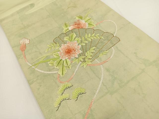 平和屋着物◎太鼓柄袋帯 総刺繍 駒刺繍 檜扇花文 金糸 引箔 正絹 逸品 BAAT0509yt