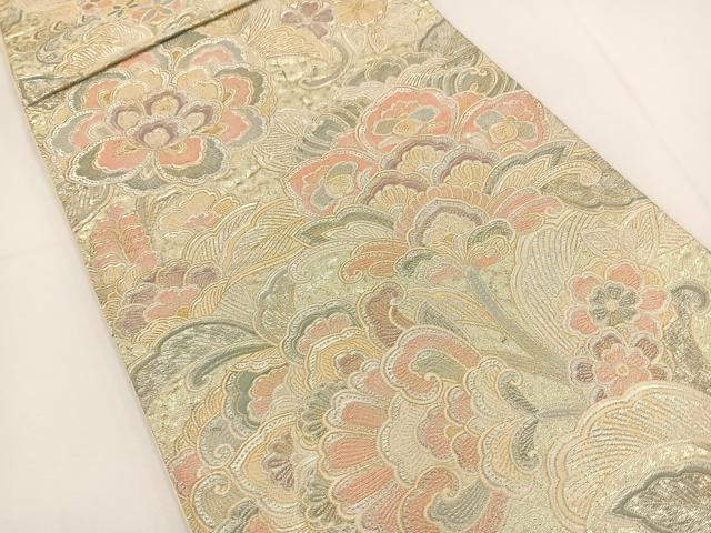 平和屋着物◎六通柄袋帯 更紗花文 銀糸 正絹 逸品 BAAT0547yt