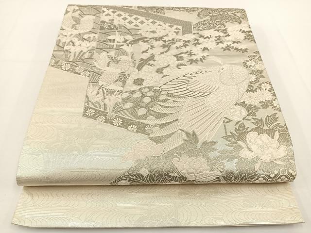平和屋着物◎太鼓柄袋帯 花鳥文 銀糸 正絹 逸品 BAAT0549yt