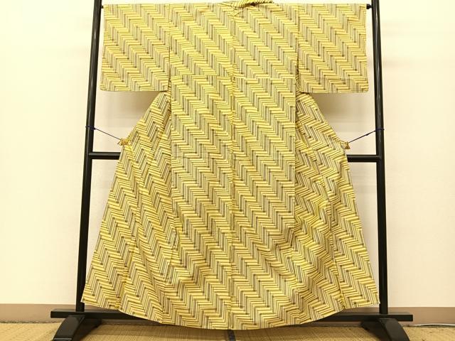 平和屋着物▽上質な紬 単衣 幾何学文様 正絹 逸品 BAAT0610yc