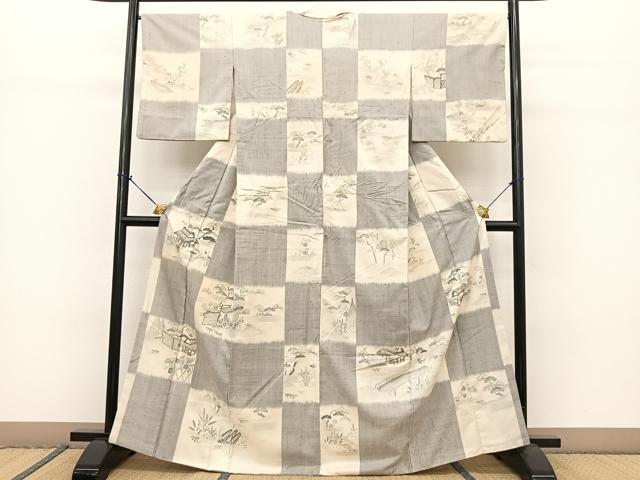 平和屋着物●生紬 市松風景文 正絹 逸品 BAAT0857yc