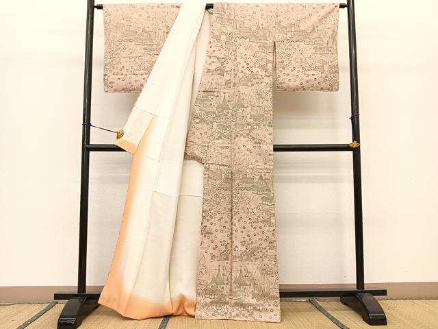 平和屋着物●生紬 御所解風景花文 正絹 逸品 BAAT0908yc