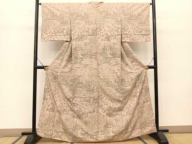 平和屋着物●生紬 御所解風景花文 正絹 逸品 BAAT0908yc