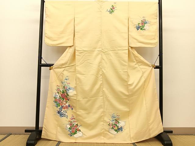 平和屋着物●訪問着 友禅 紬地 亀甲秋草文 正絹 逸品 BAAT0950yc