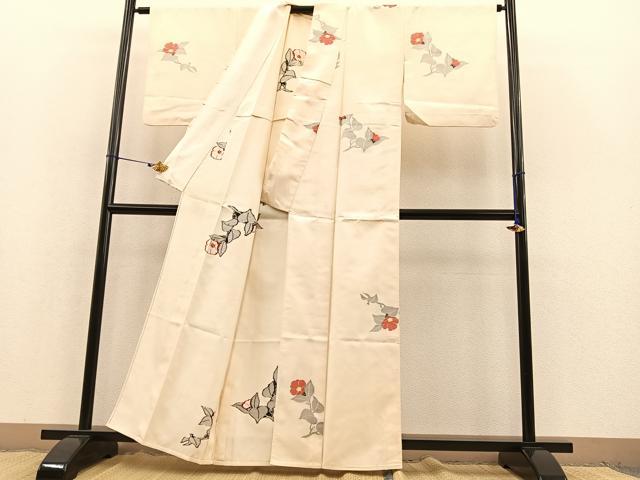 平和屋着物▽上質な紬 単衣 枝椿 正絹 逸品 BAAT1103hv