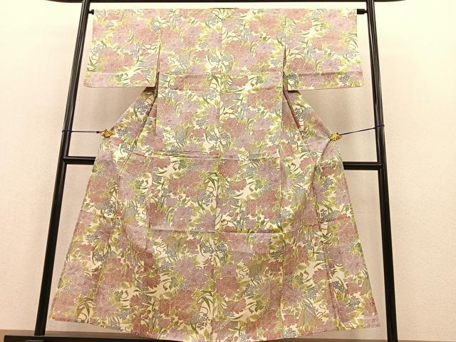 平和屋着物▽上質な小紋 単衣 紬地 花籠文 正絹 逸品 BAAT1136hv
