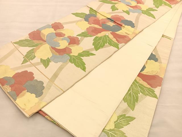 平和屋着物◎六通柄袋帯 縦枠牡丹文 金糸 正絹 逸品 BAAT1485gt