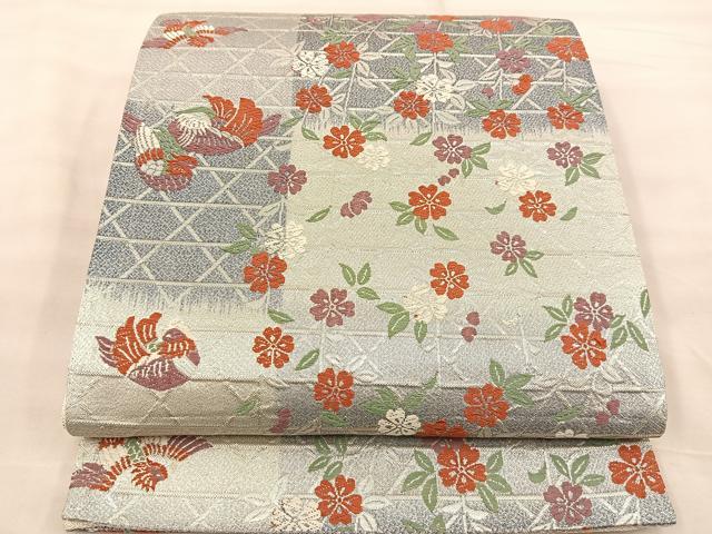 平和屋着物◎六通柄袋帯 唐織 枝垂れ桜鴛鴦文 銀糸 正絹 逸品 BAAT1497gt